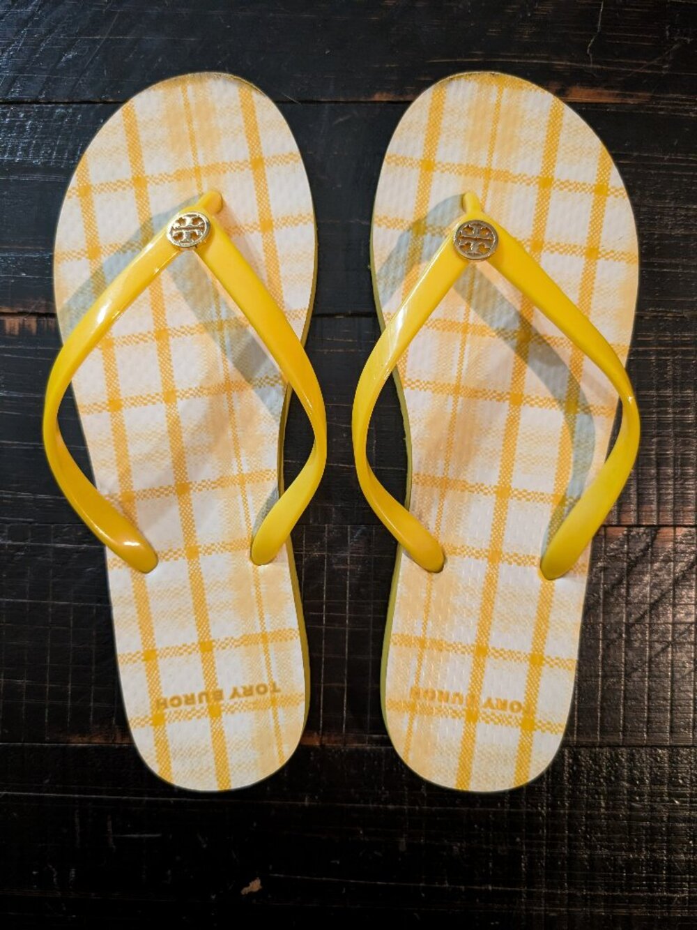 Tory Burch Sunlight Yellow/Check In Plaid Flip Flops, Size 8.5